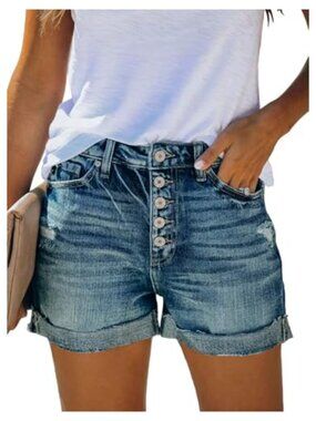 Women's High Waisted Ripped Folded Hem Jean Shorts Casual Stretch Denim